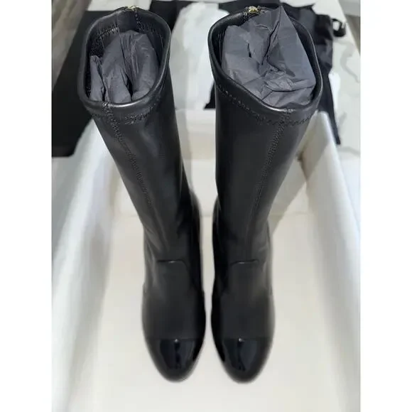Chanel 25K Black White Pearl Ball Heel CC Logo Stretch Leather Calf Boots 37.5 - Picture 13 of 16
